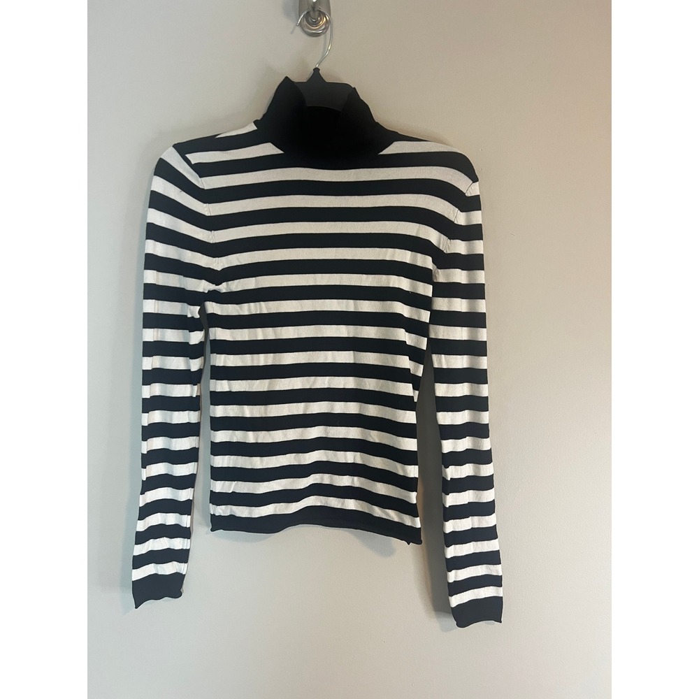 Zara Women Black‎ White Striped Ribbed Turtleneck Sweater Size S 3433/010/104